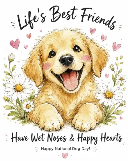 Smiling golden puppy surrounded by daisies and hearts wishes Happy National Dog Day