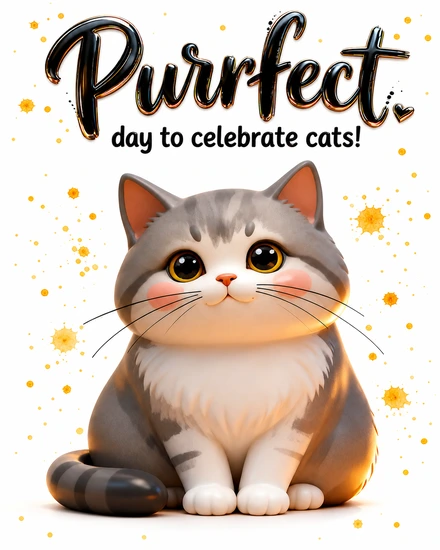 Cute cartoon gray tabby cat with blush cheeks and yellow confetti for International Cat Day
