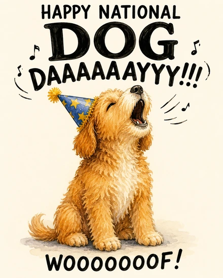 Howling puppy in a star party hat announces Happy National Dog Day with a woof
