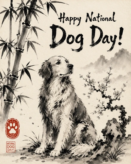 Ink wash painting of a dog by bamboo and blossoms marks National Dog Day