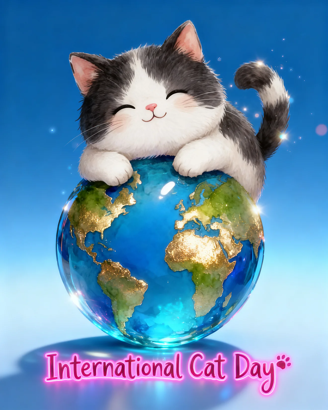 Fluffy kitten hugs a sparkling glass globe of Earth to celebrate International Cat Day