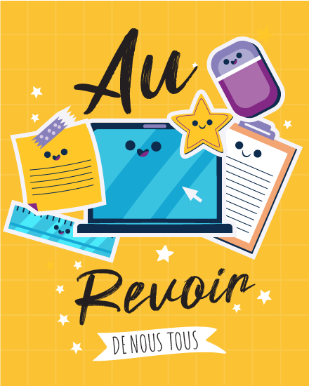 Objets de bureau souriants comme un ordinateur et une étoile pour une carte au revoir amusante