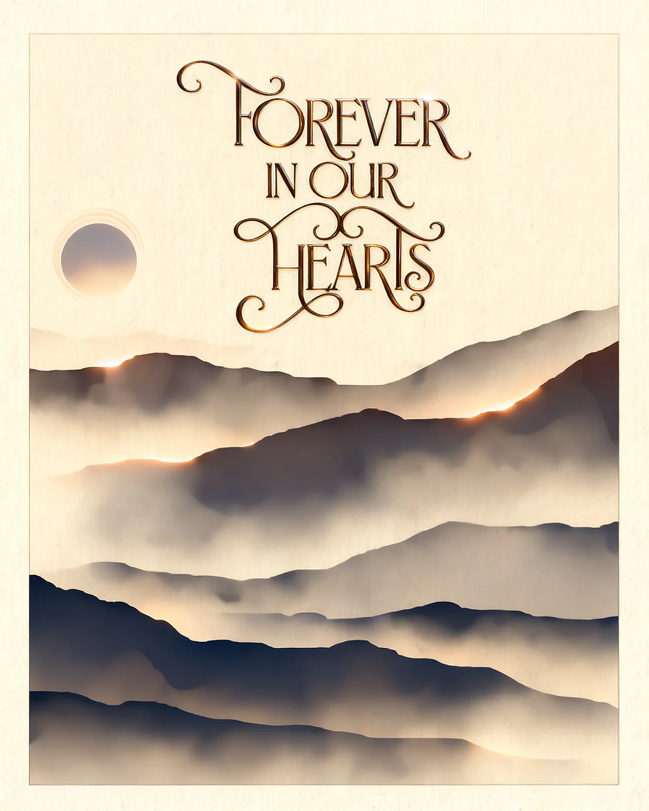 Misty mountain silhouettes at sunset with gold Forever in Our Hearts sympathy lettering
