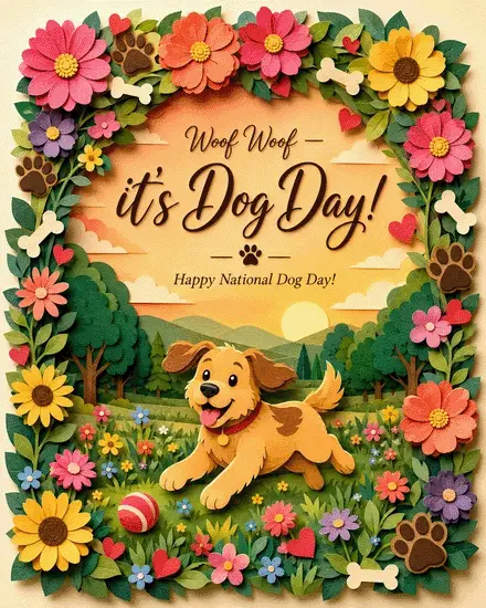 Papercraft golden dog plays with a ball inside a flower and paw print frame
