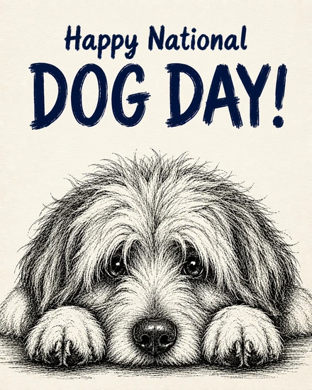 Pencil sketch of a shaggy dog resting its chin on its paws for Dog Day