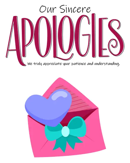 Free sorry card shows a pink envelope with a heart and Our Sincere Apologies lettering