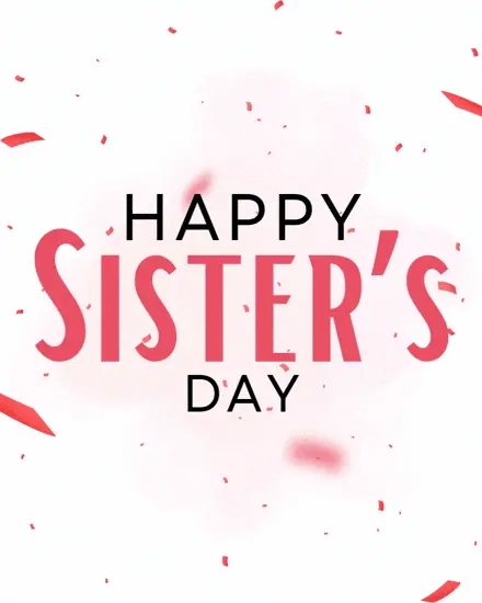Free Sister's Day card with bold serif text, red confetti pieces, and soft pink glow on clean white background