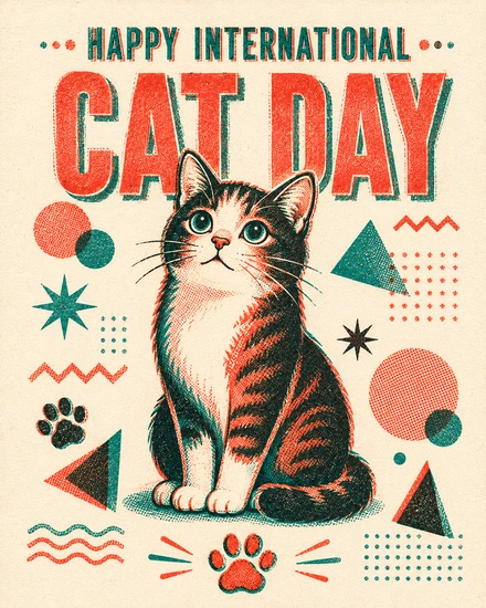 Retro-style tabby cat surrounded by teal and coral geometric shapes for International Cat Day