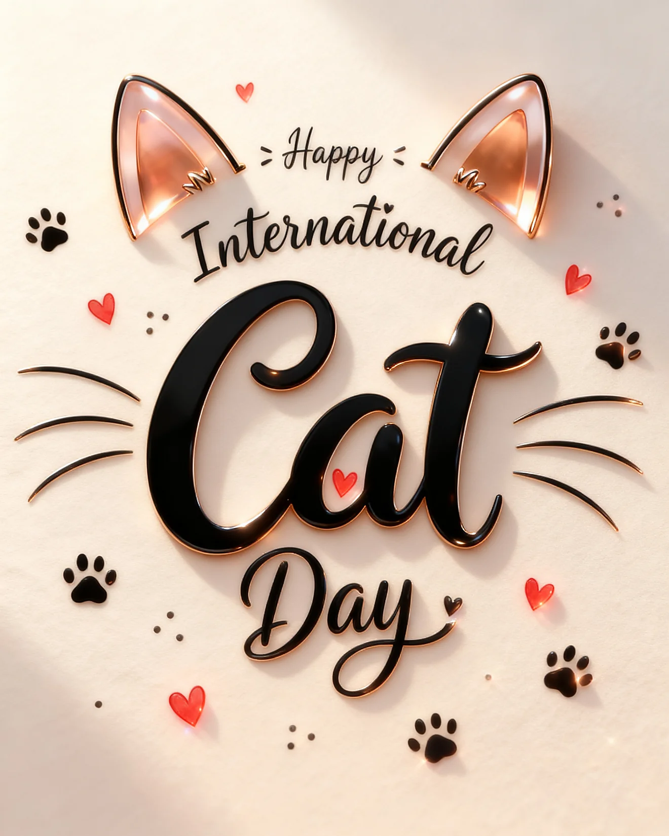 Rose gold cat ears, whiskers, paw prints and hearts spell out Happy International Cat Day