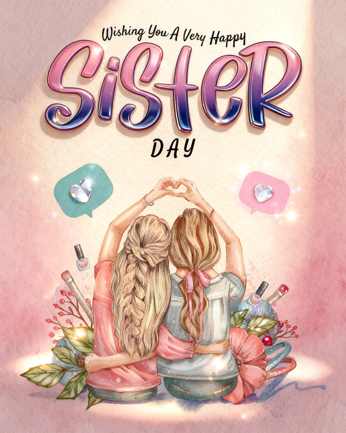 Two sisters seen from behind forming a heart with their hands, surrounded by flowers