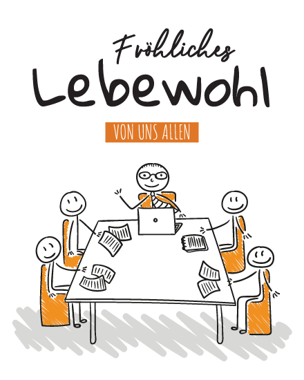 Einfache Skizze einer Bürobesprechung mit Laptop, eine sympathische Abschiedskarte