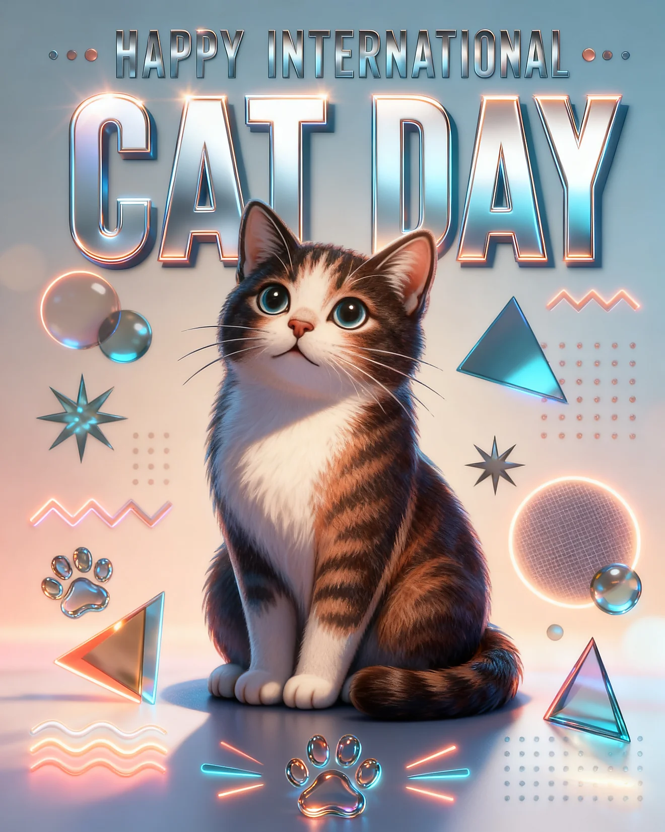 Blue-eyed tabby cat sits among glass shapes and chrome text for Happy International Cat Day