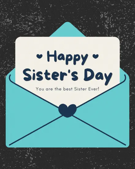 Free Sister's Day card with a teal envelope and heart seal on dark textured background with Best Sister Ever message