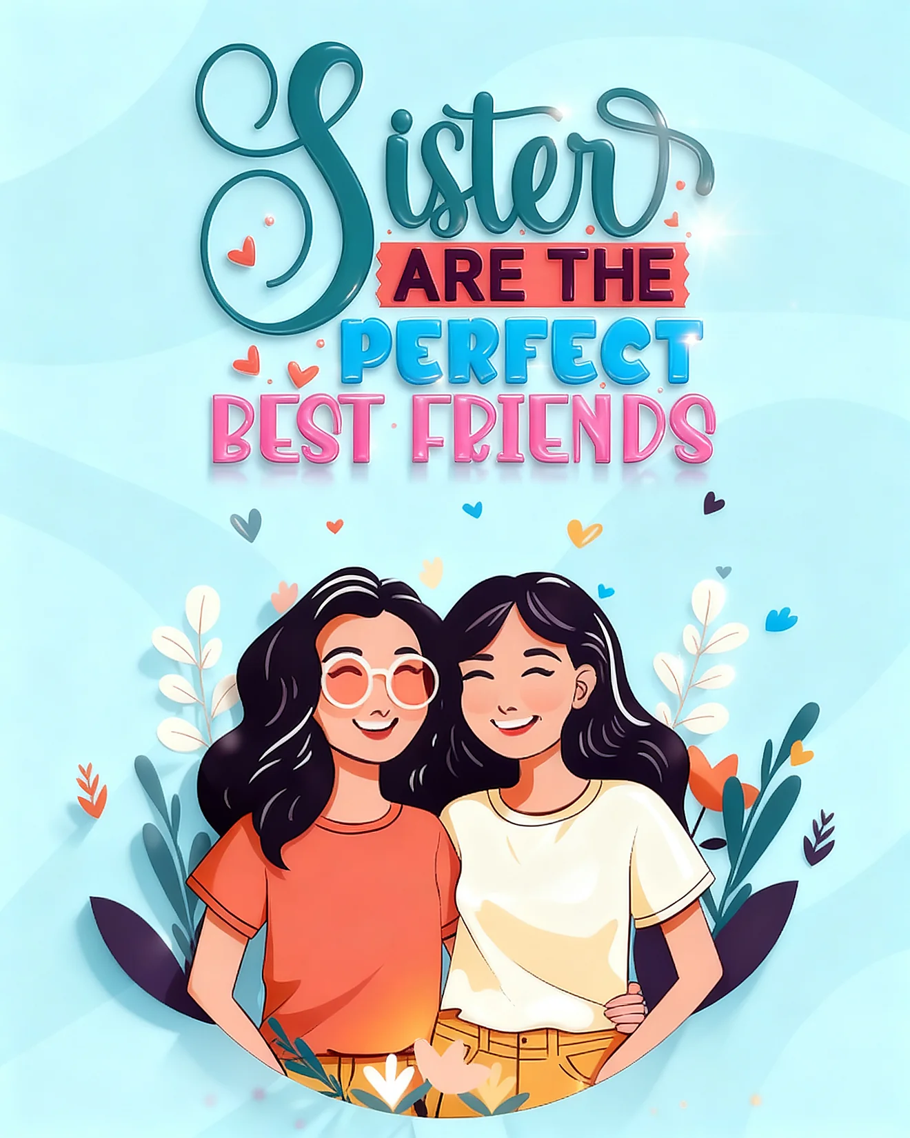 Illustrated sisters smiling arm in arm surrounded by florals and hearts for Sister's Day