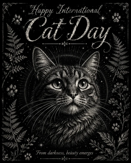 Dramatic vintage engraving of a cat portrait framed by ferns and stars for International Cat Day