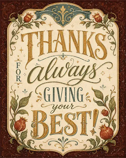 Free thank you card with vintage gold lettering reads Thanks For Always Giving Your Best