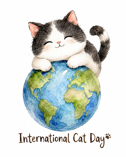 Smiling watercolor cat draped over a globe of the Earth for International Cat Day