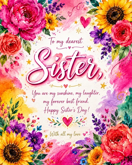 Free Sister's Day card with watercolor sunflowers, roses, purple florals, gold stars, and hearts on pink background