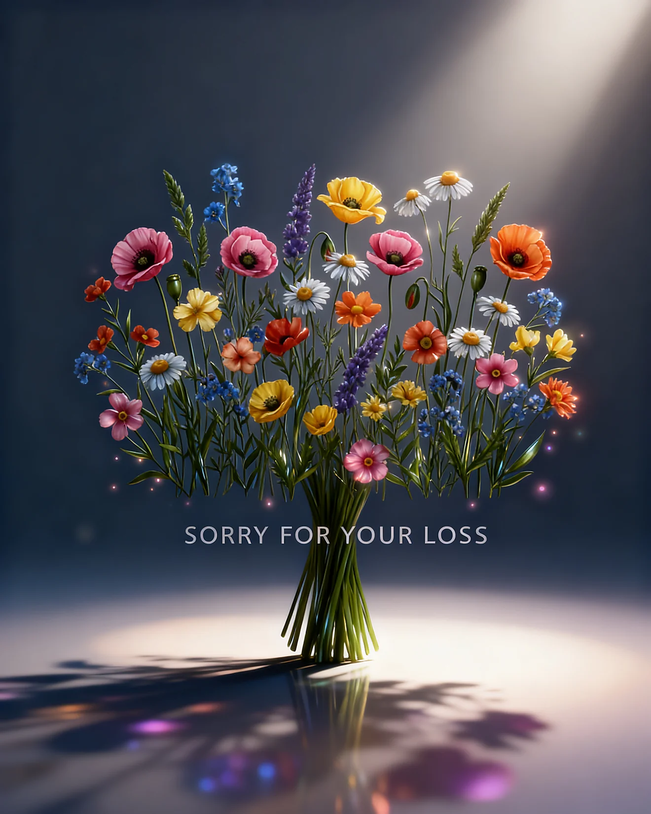 Colorful wildflower bouquet lit by a spotlight above Sorry For Your Loss text