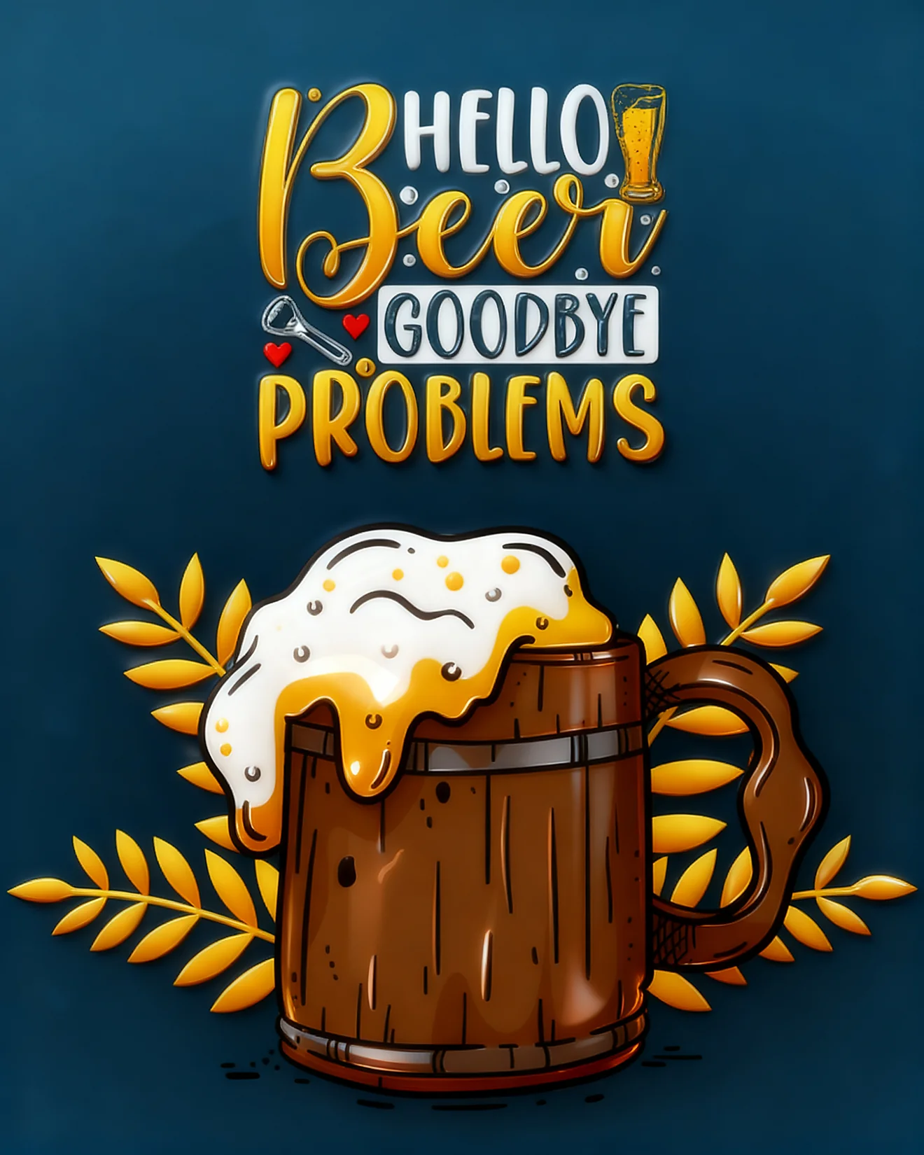 Wooden beer mug overflowing with foam, framed by wheat leaves for National Beer Day