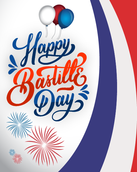 Free Bastille Day ecard with glossy script lettering, balloons, fireworks, and a flowing tricolor wave design