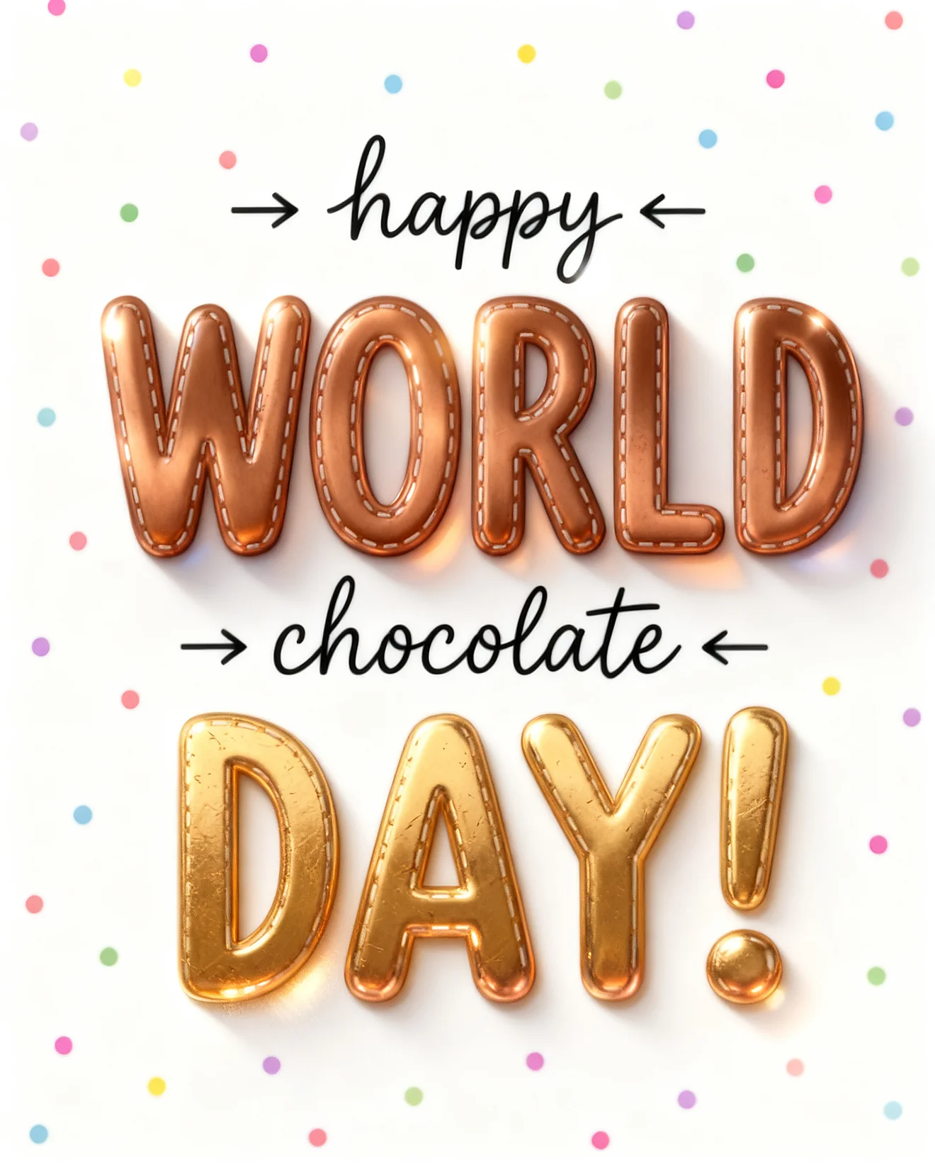 National Chocolate Day ecard with metallic copper and gold balloon letters scattered with colorful confetti dots