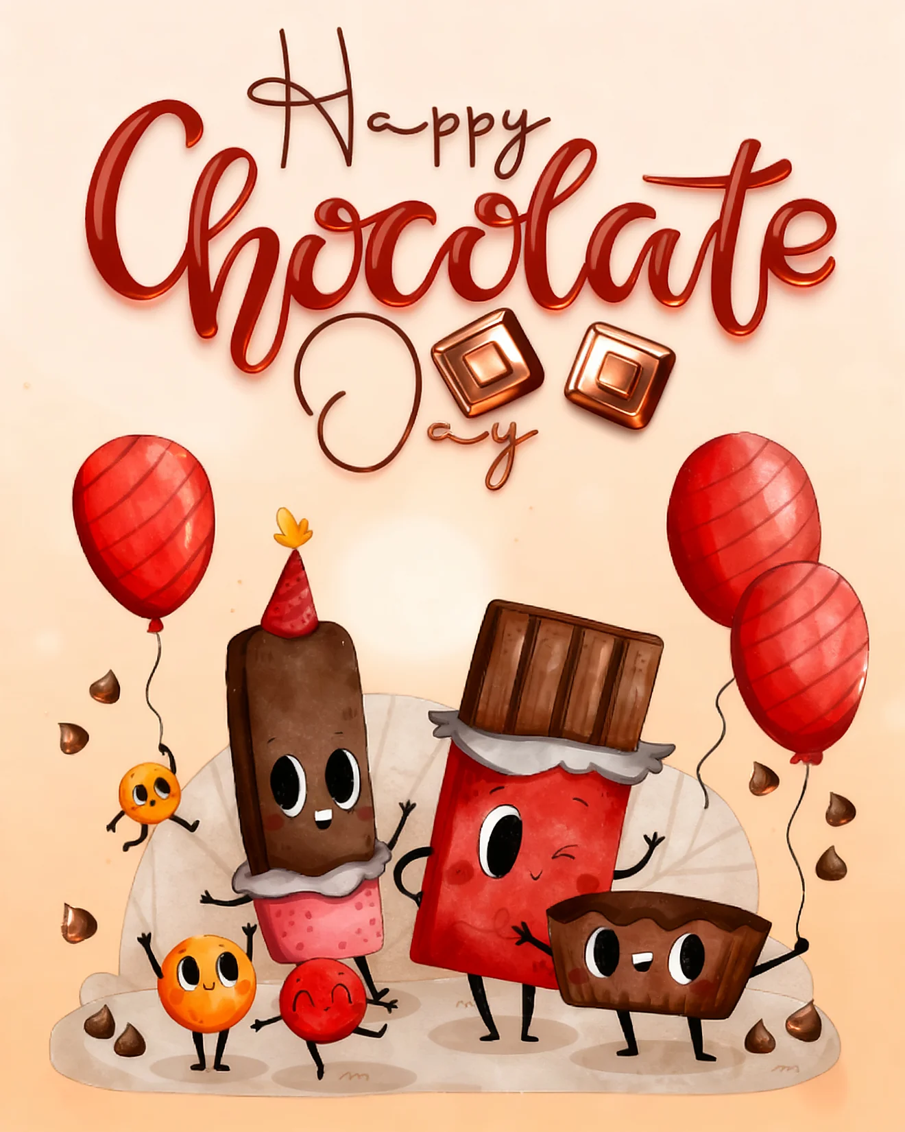 National Chocolate Day ecard with smiling chocolate bar friends in party hat dancing with red balloons and cocoa beans