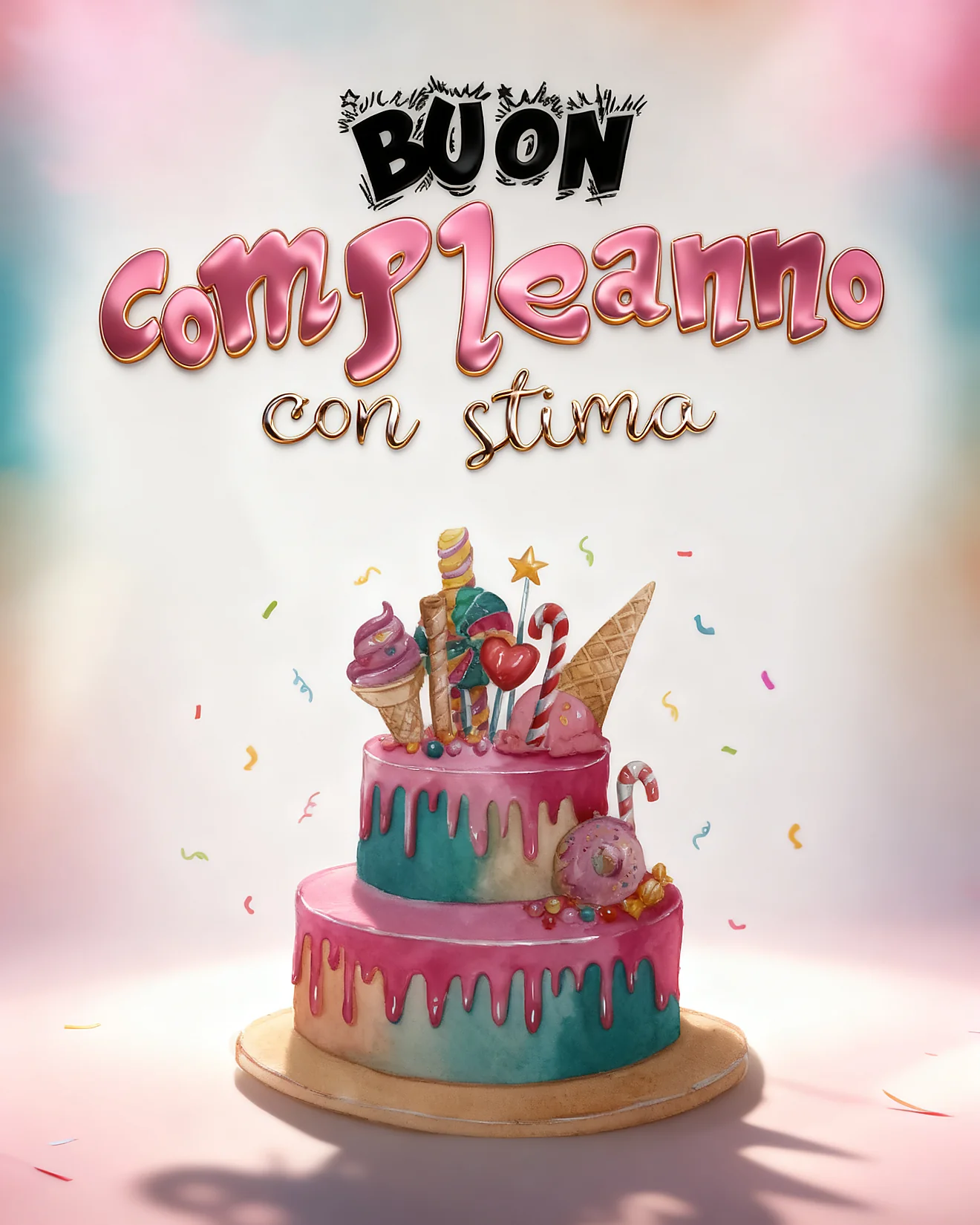Biglietto auguri compleanno con torta drip rosa e teal decorata con gelato, caramelle, ciambella e coriandoli colorati