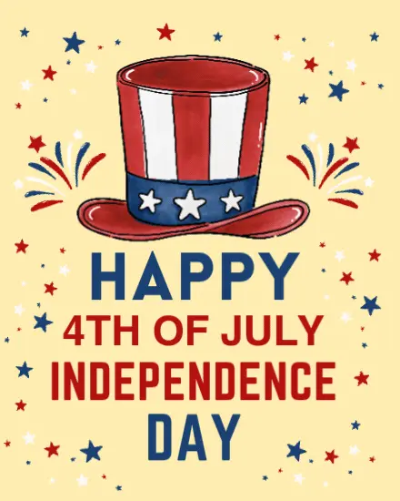 Free 4th of July ecard with illustrated Uncle Sam hat, fireworks, and scattered red, white, and blue stars on yellow