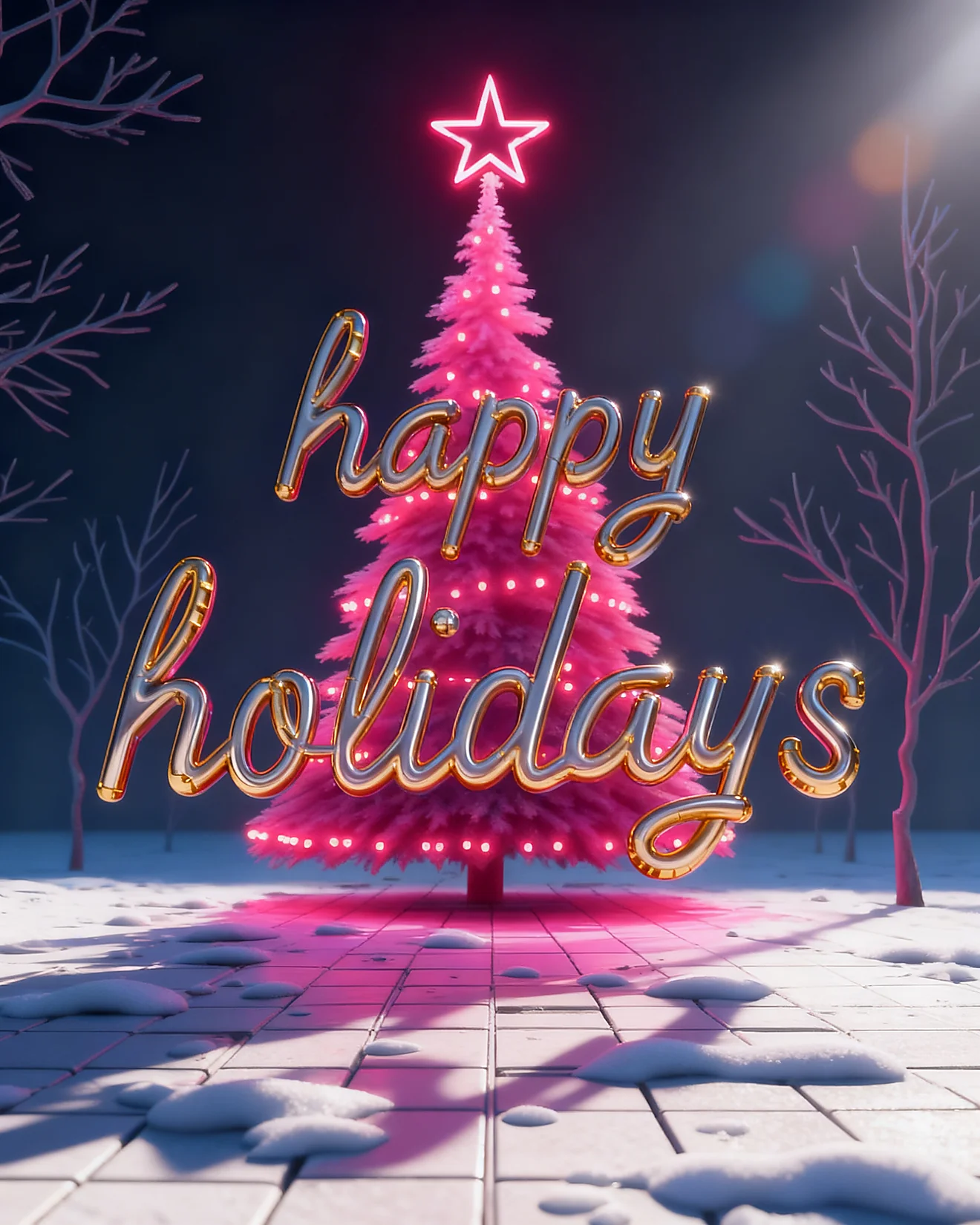 Neon Pink Snowy Tree online Happy Holiday Card