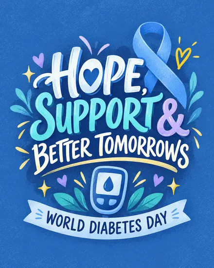 Free World Diabetes Day ecard with a blue ribbon, glucose meter, teal leaves, and purple hearts