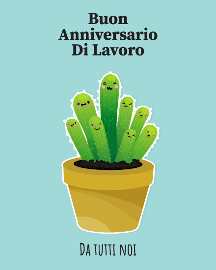 Cactus sorridenti in vaso giallo su biglietto gratis di anniversario di lavoro con sfondo azzurro