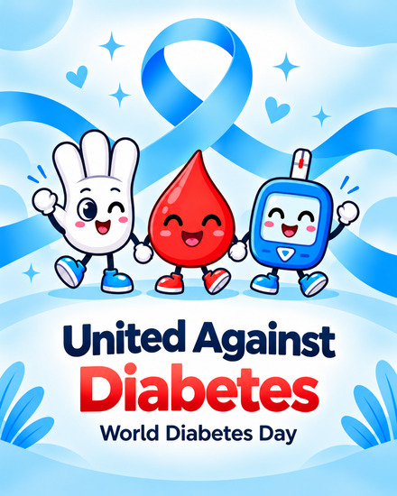 Smiling glove, blood drop, and glucose meter holding hands in a free World Diabetes Day ecard