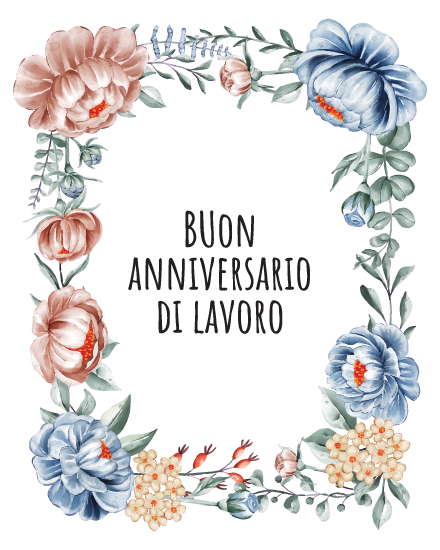 Biglietto gratis di anniversario di lavoro con cornice di peonie blu e ruggine ad acquerello.