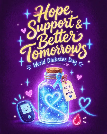 Glowing jar of sparkles with a care and hope tag on a free World Diabetes Day ecard in purple
