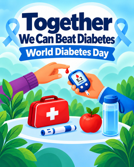 Helping hands doing a glucose test on a free World Diabetes Day ecard with an apple and water