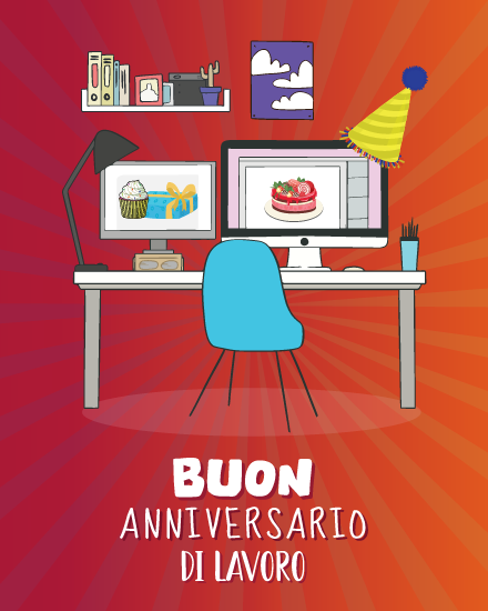 Scrivania con monitor, torta e cappellino su biglietto gratis di anniversario di lavoro.