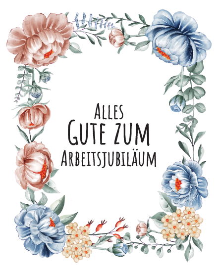 Aquarellblumen mit blauen und rosa Pfingstrosen als Rahmen auf kostenloser Arbeitsjubiläumskarte