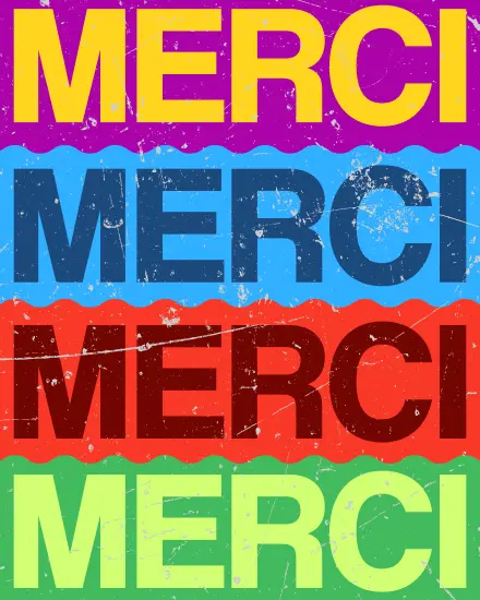 Free thank you card with bold distressed Merci text across red, green, purple, and blue stripes.