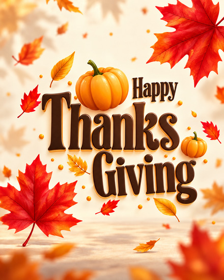 Bold Thanksgiving text with pumpkins and red maple leaves on a free Canadian Thanksgiving ecard