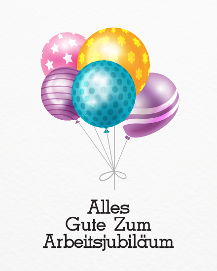 Fünf bunte Luftballons mit Sternen und Punkten auf kostenloser Arbeitsjubiläumskarte.