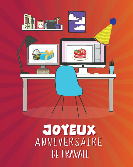 Bureau avec chaise bleue, chapeau et écrans sur fond rouge carte anniversaire de travail gratuite