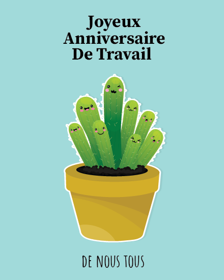Cactus kawaii avec visages souriants dans un pot sur carte anniversaire de travail gratuite