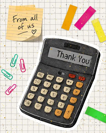 Calculator with colorful sticky notes and paper clips on grid paper on a free thank you ecard