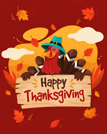 Cute turkey in pilgrim hat holding wooden sign on a free Canadian Thanksgiving ecard