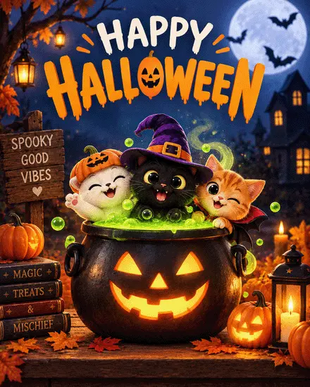 Three cute cats in costumes in a glowing cauldron with green potion on a free Halloween card