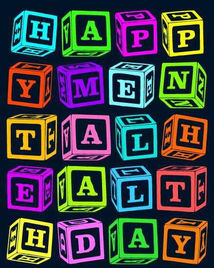 Neon alphabet toy blocks on dark background on a free World Mental Health Day ecard.