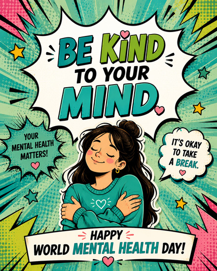 Comic girl hugging herself with speech bubbles and stars on a free World Mental Health Day card