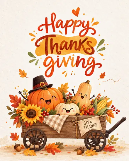 Cute smiling pumpkins in wooden wagon with sunflower and corn on a free Thanksgiving card