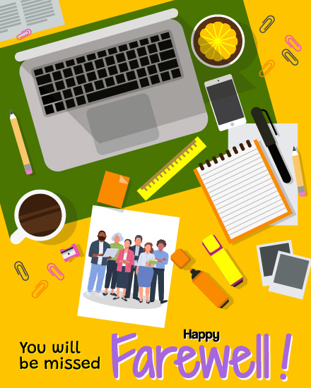 Top-down desk flat-lay with laptop, coffee, team photo, and stationery on a yellow free farewell card
